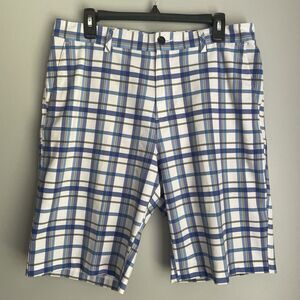 Adidas Shorts Men's Size 33 Blue Tan Plaid Golf Chino Polyester 10.5" Inseam